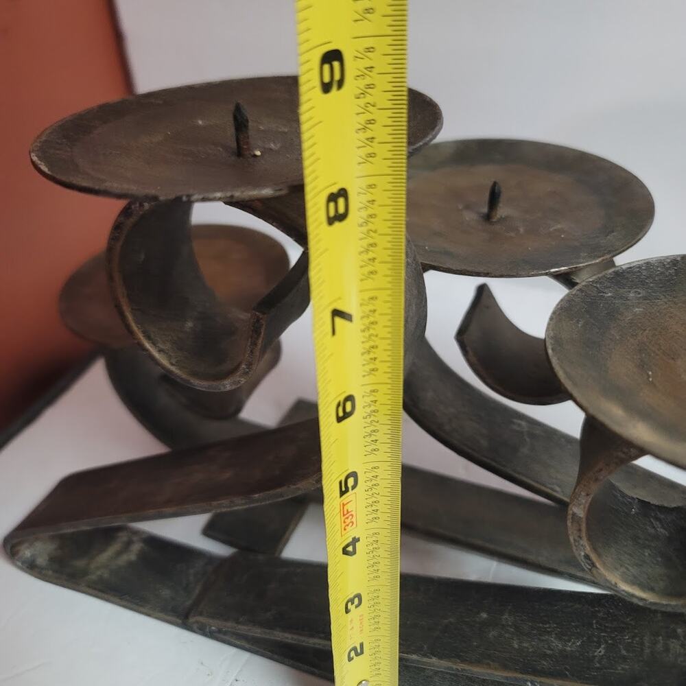 Pair MCM Large Wrought Iron 3 Candle Holder 17" x 9" Heavy Bruitalist Style - Picture 5 of 8